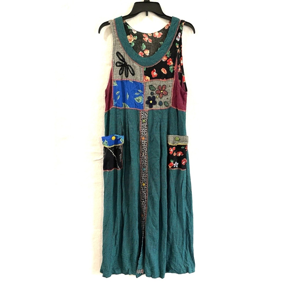 Vintage 80's Boho Artsy Festival Maxi Dress Colorful Lagenlook Patchwork Beaded
